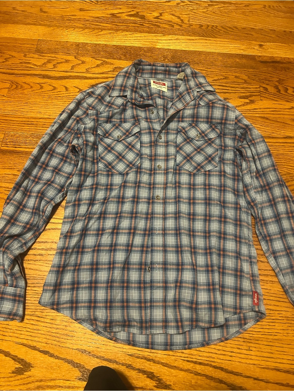 Wrangler Light Blue and Rust Plaid Shirt
